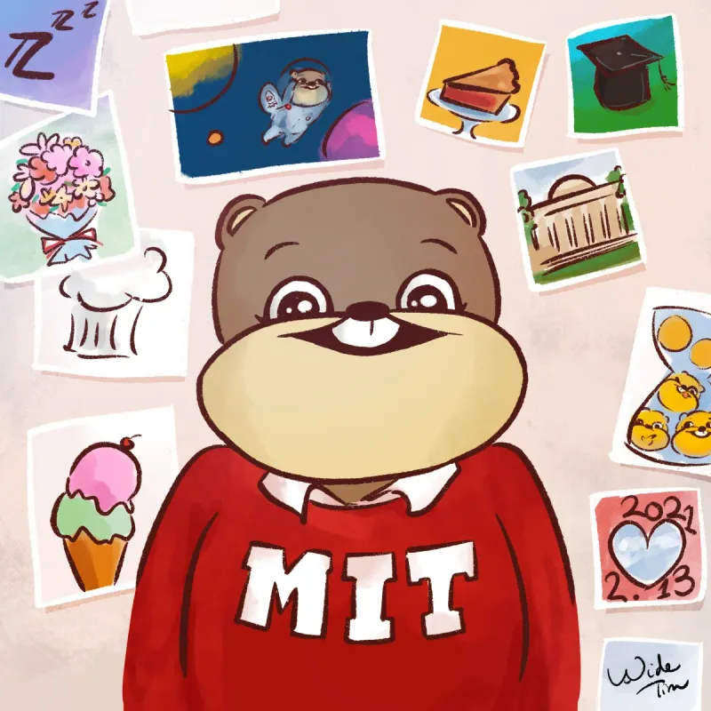 Wide Tim in a red MIT sweater, surrounded by drawings of pie, ice cream, flowers, and the MIT dome