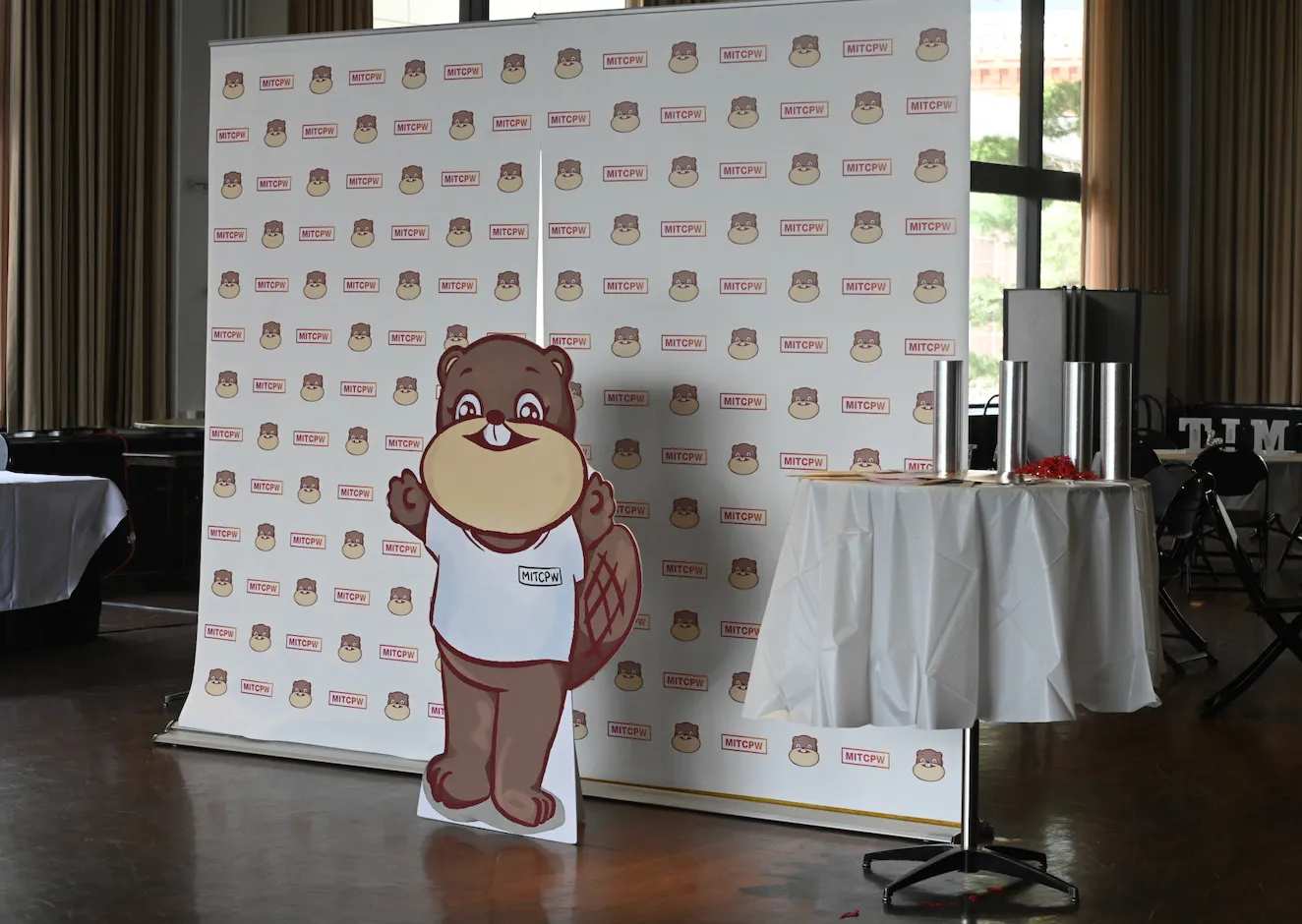 Wide Tim cutout in front of a CPW backdrop covered in Wide Tim faces